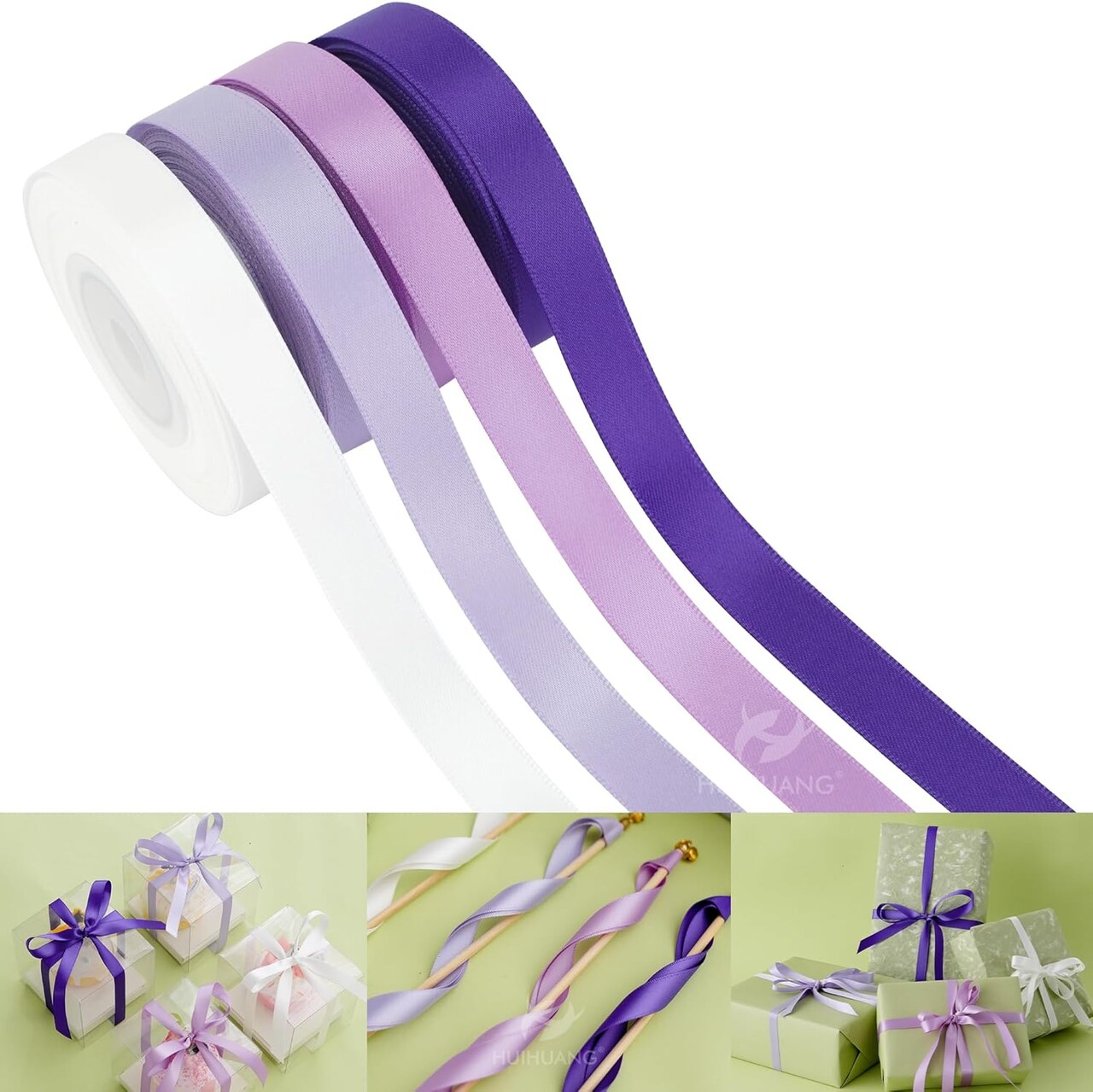 Purple Satin Ribbon 1/2 inch x 4 Rolls White/Dark Purple/Lilac/Lavender Ribbon for Gift Wrapping DIY Crafts Hair Decor Flower Bouquets Wedding Decor- Total 40 Yards